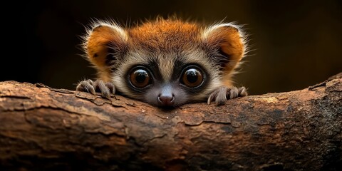 Obraz premium Close-up of a Mouse Lemur with Large, Expressive Eyes Peering over a Branch