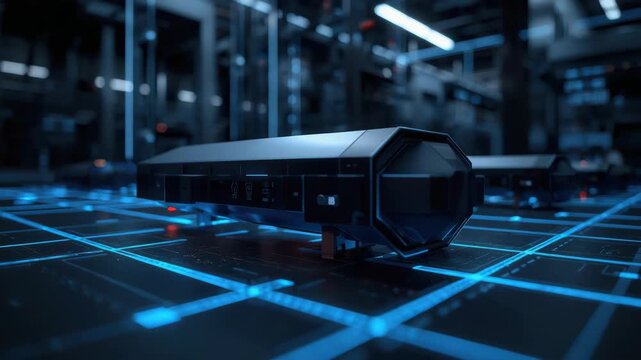 Futuristic black server unit glowing blue grid sleek metallic data module cyber industrial setting