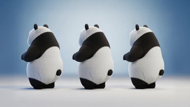 Animated Pandas Walking and Waving Together on Light Blue Background