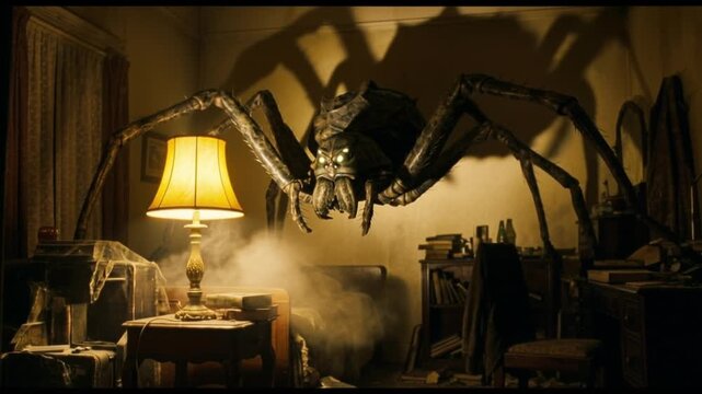 Scary giant spider crab monster in a dark bedroom. 4K Video
