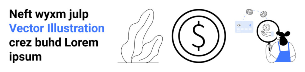 Finances, analysis, abstract art, business, identity verification, document review. Dollar symbol, abstract leaf element person analyzing paper. Finances and analysis theme