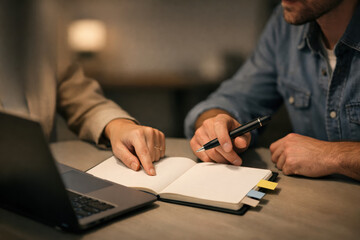 Notebook and pen with human hands during collaborative work session