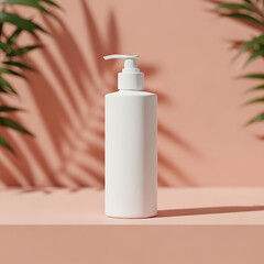 White Cosmetic Pump Bottle Mockup with Palm Shadows