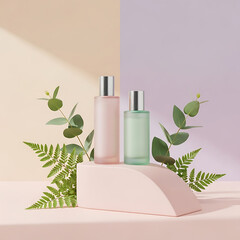 Frosted Cosmetic Bottles on Podium with Eucalyptus Leaves