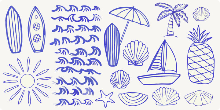 Hand drawn summer doodles including surfboards shells and tropical elements