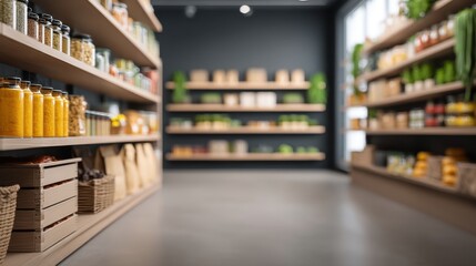 Modern Minimalist Store Interior with Shelves Full of Organic Products and Empty Space for Display