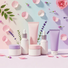 Floral Cosmetic Product Layout with Rose Petals & Lavender
