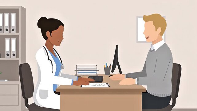 Female doctor and male patient shaking hands in a medical office setting with a computer and documents on the desk