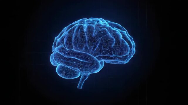 Hologram glowing neural cortex and cerebellum blue holographic brain scan with futuristic circuitry