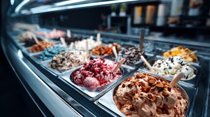 Gelato in a curved glass freezer