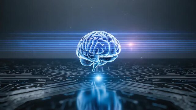 Glowing digital brain hologram over circuit board with glowing neural network and neon light