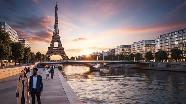 Stunning panoramic view of the Eiffel Tower in Paris at sunset, with couples strolling along the Seine River waterfront, featuring architectural cityscape with dramatic light and vibrant col