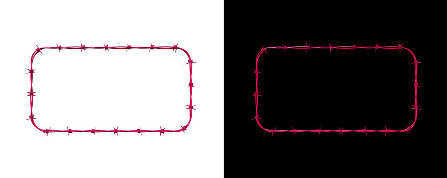 Rounded rectangle barbed wire frame pink color on transparent and black backgrounds for design