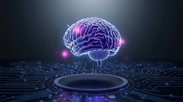 Neon digital brain hologram floating above circuit board with glowing neural lights futuristic