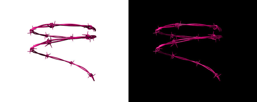 Pink barbed wire alphabet font symbol representing letter f isolated on transparent and black backgrounds for graphic
