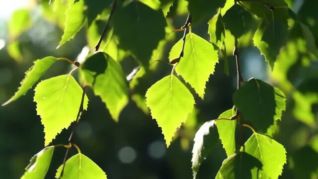 Close-up shot of vibrant green birch leaves illuminated by warm sunlight, showcasing nature's beauty and intricate details, set in a peaceful outdoor environment.
