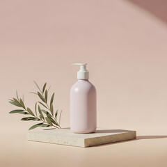Pink Cosmetic Pump Bottle on Stone Podium with Green Branch