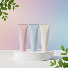 Pastel Cosmetic Tubes on White Podium with Green Dew Drops