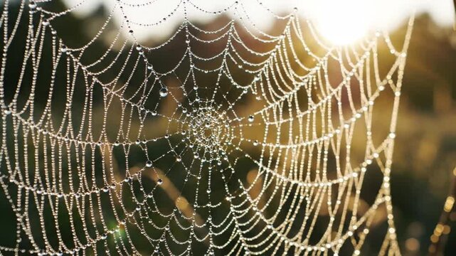 A spider web glistens with dew drops in the morning sunlight, showcasing intricate threads and delicate patterns in a serene outdoor setting