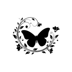 Black butterfly silhouette surrounded by floral wreath illustration © Mithu