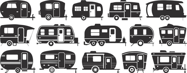trailer silhouettes camper and caravan vector icons