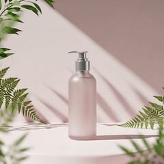 Frosted Pink Pump Bottle Mockup with Fern Leaf Shadows