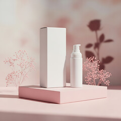 White Cosmetic Bottle & Packaging Box with Floral Shadows