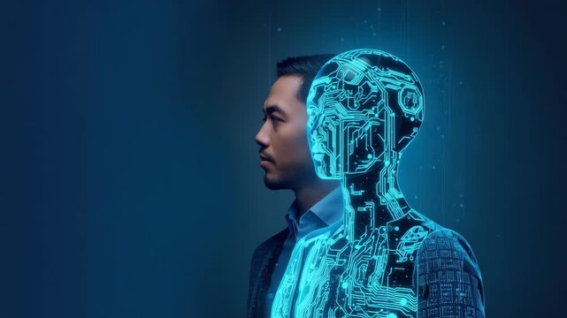 Young man beside glowing circuit humanoid silhouette expressing technology and artificial