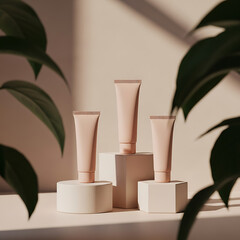 Beige Cosmetic Tubes on Podium with Tropical Leaf Shadows