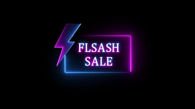 Glowing Neon Flash Sale Promo Animation with Electric Lightning Bolt, Shiny Percent Discount Offer, Futuristic Neon Lights Shopping Banner and Special Promotion Ad Video.4K..