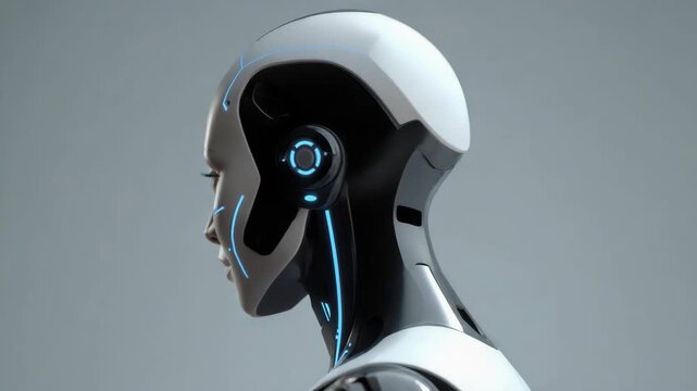 Futuristic female robot android humanoid portrait with soft expression glowing blue neon accents