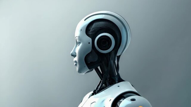 Futuristic humanoid robot portrait and profile side view with serene expression soft lighting
