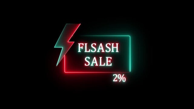 Glowing Neon Flash Sale Promo Animation with Electric Lightning Bolt, Shiny 2 Percent Discount Offer, Futuristic Neon Lights Shopping Banner and Special Promotion Ad Video.4K..