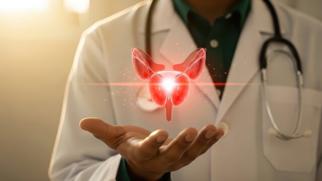 Doctor holding a glowing red holographic kidney model in hand