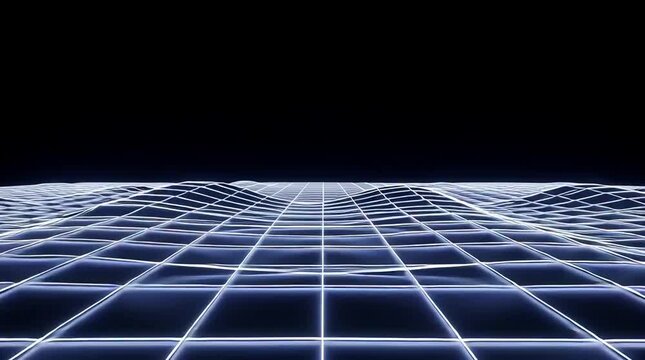 Futuristic glowing grid pattern with dynamic waves on dark background