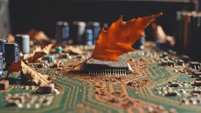 A close-up of a computer chip with an orange leaf on top amidst circuit boards and electronic components