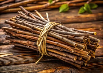 A rustic bundle of twigs tied with natural fibers, awaiting craftsmans touch