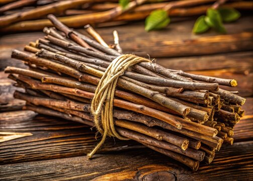 A rustic bundle of twigs tied with natural fibers, awaiting craftsmans touch