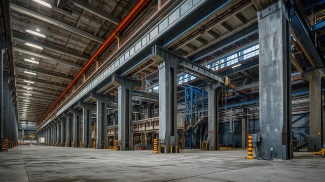 Spacious industrial warehouse interior with concrete column and overhead crane, atmospheric quiet
