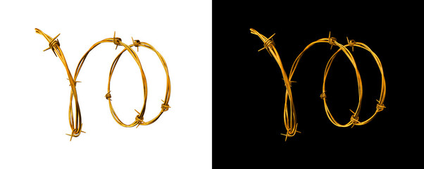 Golden barbed wire alphabet letter m with reflective metallic surface isolated on transparent background for luxury design