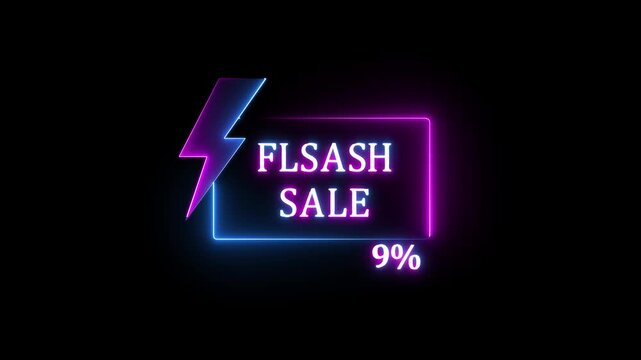 Glowing Neon Flash Sale Promo Animation with Electric Lightning Bolt, Shiny 9 Percent Discount Offer, Futuristic Neon Lights Shopping Banner and Special Promotion Ad Video.4K..