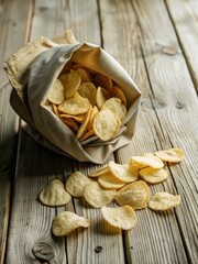 A crunchy homemade potato chip bag sits atop a rustic wooden surface, awaiting snacking pleasure in high definition top view  crunchyhomemadepotat