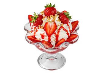 Strawberry sundae with whipped cream and syrup in glass