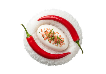 Two red chili peppers arranged around a white oval with pink salt and rosemary