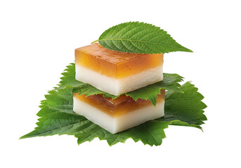 Two layered mochi desserts with amber jelly and green leaves