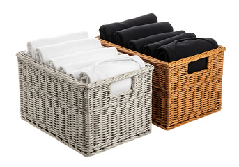 Two Wicker Baskets Filled With Rolled Clothes storage