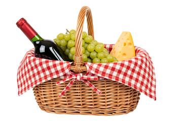Wicker picnic basket with wine grapes and cheese wicker basket