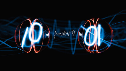 Quantum Superposition Formula Qubit State Function On Dark Background. 3d rendering