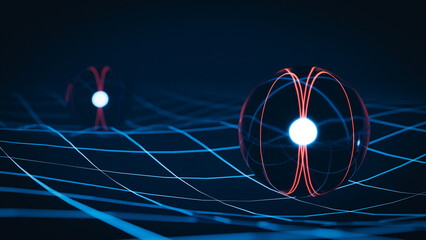 Quantum Mechanics Entanglement Concept Blue Grid Background Copy space. 3d rendering