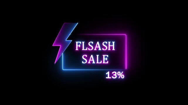 Glowing Neon Flash Sale Promo Animation with Electric Lightning Bolt, Shiny 13 Percent Discount Offer, Futuristic Neon Lights Shopping Banner and Special Promotion Ad Video.4K..